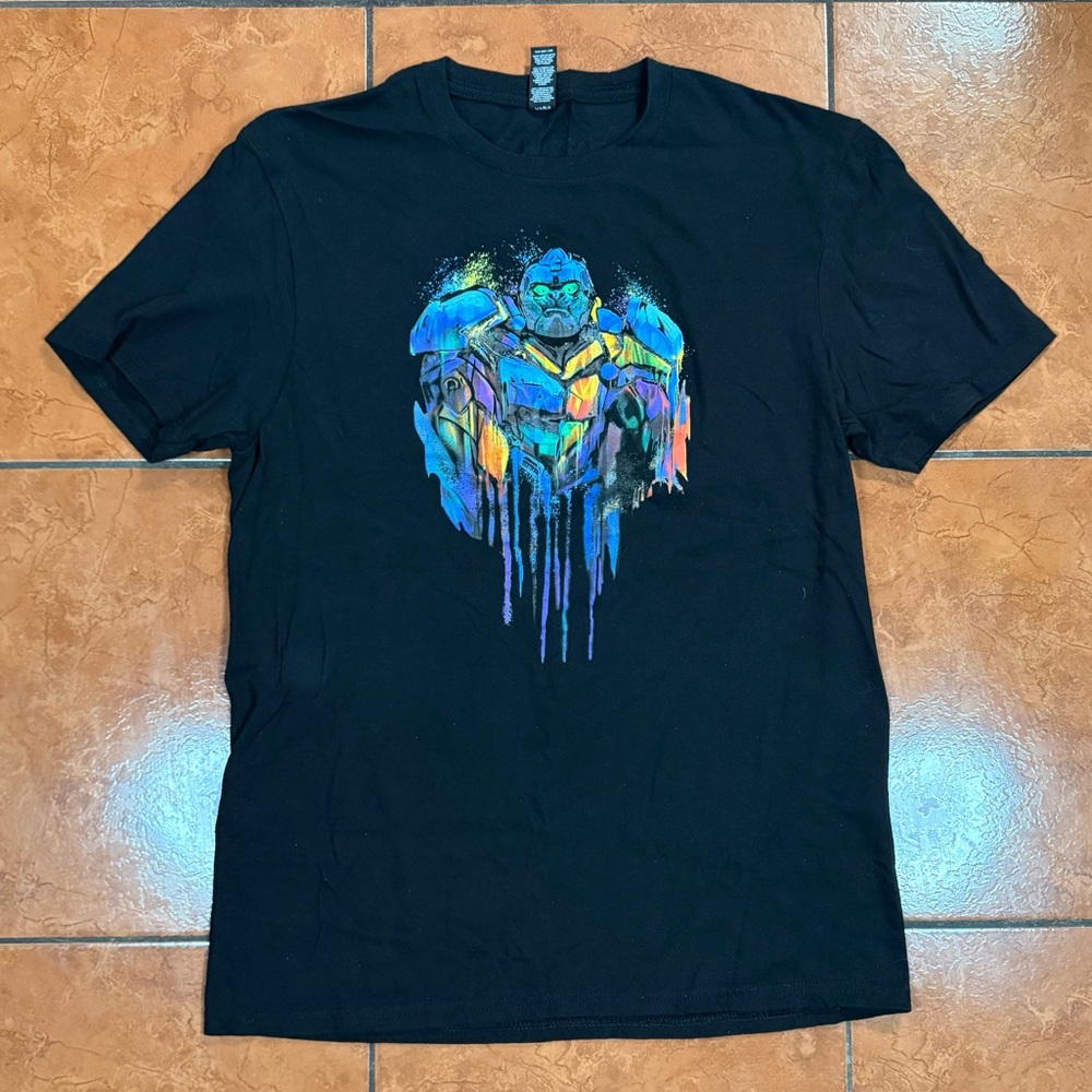 Black Graphic T-Shirt with Colorful Robot Design